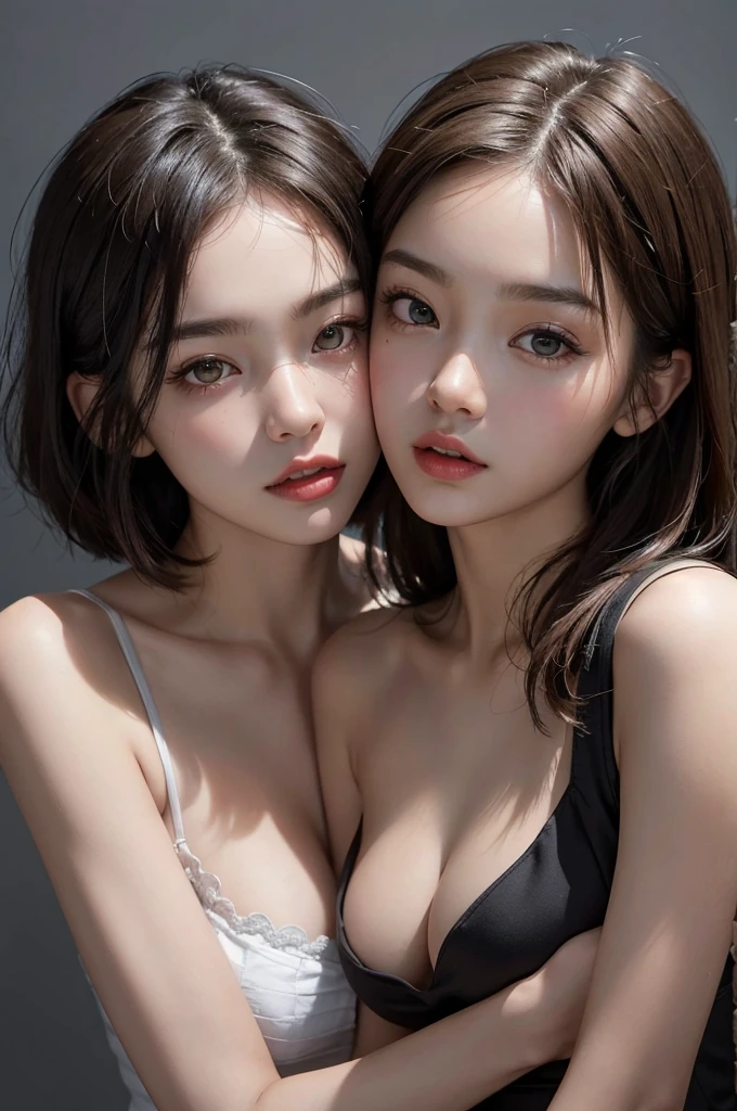 Highest quality, Face Focus, Soft Light, Ultra-high resolution, (Realistic:1.4), RAW Photos, 2 Korean women, by 2 person, Nice, (Brown eyes, light in your eyes), Beautiful face in every detail, (Small Box),(High resolution detail of human skin texture), (Short Bob Hair), break, Simple Background,Tight dress，Black Dress，,single eyelid,length, Sharp eyes，Open your mouth a little, Huge breasts, Portraits, Two girls looking at each other so close they could kiss