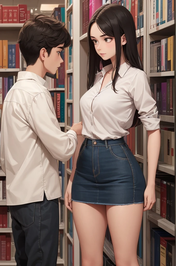 A tall and strong 18years old girl close to a short and shy 18 years old boy at a library
