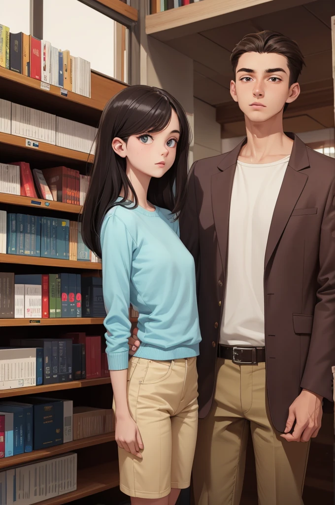 A tall and strong 18years old girl close to a short and shy 18 years old boy at a library