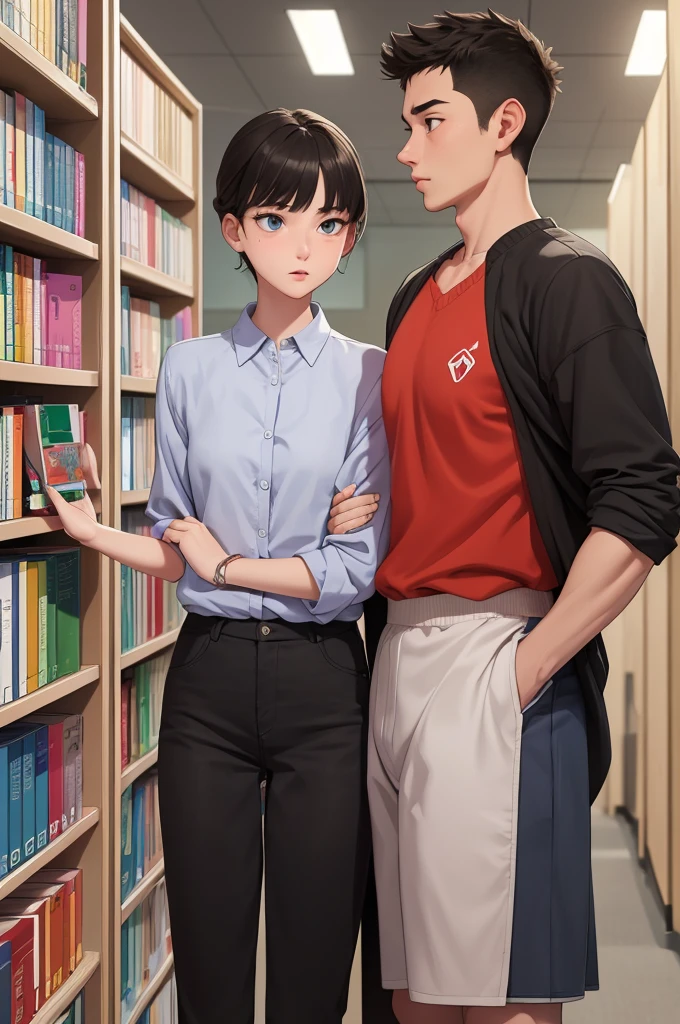 A tall and strong 18years old girl close to a short and shy 18 years old boy at a library