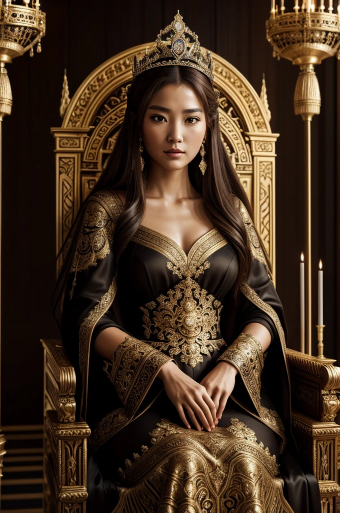 A dark Queen sitting on the throne, oriental Woman, wearing a crown, european, detailed face, Brown hair, hazel eyes, luxury dress, ornate throne, luxurious interior, dramatic lighting, cinematic angle, photorealistic, 8k, high resolution, hyper detailed, masterpiece