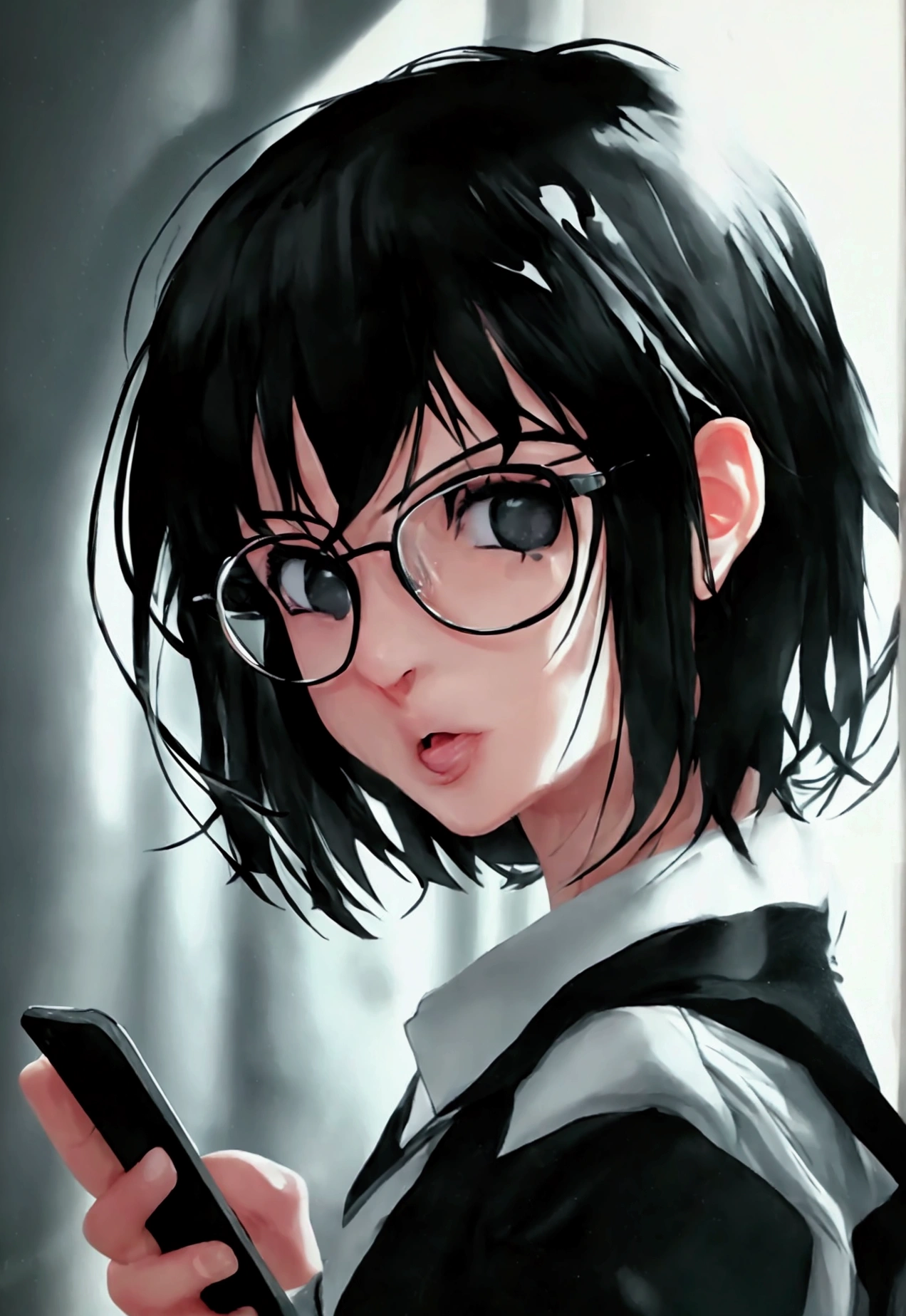  anime with black hair and glasses holding a cell phone, ahegao face, black and white manga style, detailed anime face, ahegao, detailed anime soft face, highly detailed angry anime face, detailed manga style, black and white manga panel, black and white manga, piercing look, perfect anime face, in manga style, pout, detailed - face!!