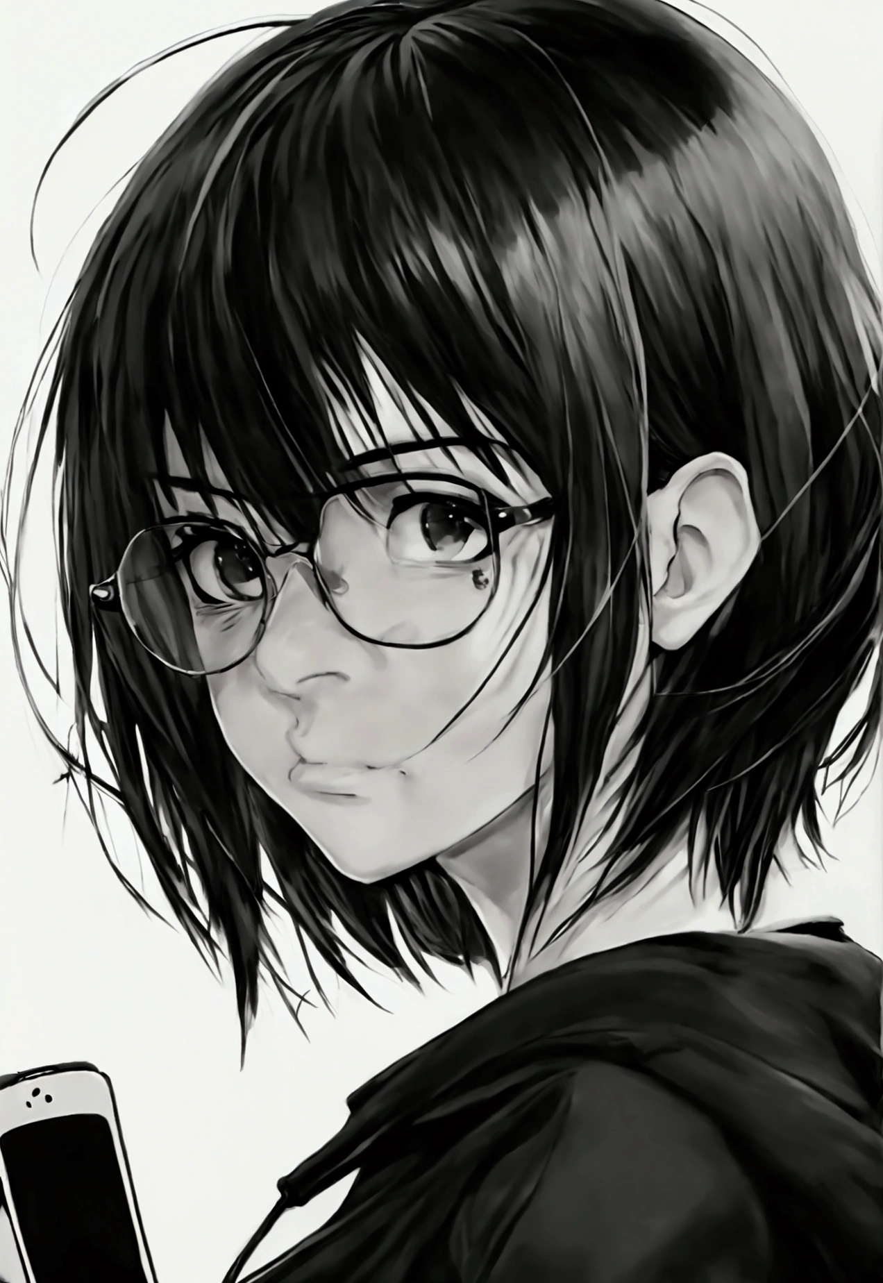  anime with black hair and glasses holding a cell phone, ahegao face, black and white manga style, detailed anime face, ahegao, detailed anime soft face, highly detailed angry anime face, detailed manga style, black and white manga panel, black and white manga, piercing look, perfect anime face, in manga style, pout, detailed - face!!