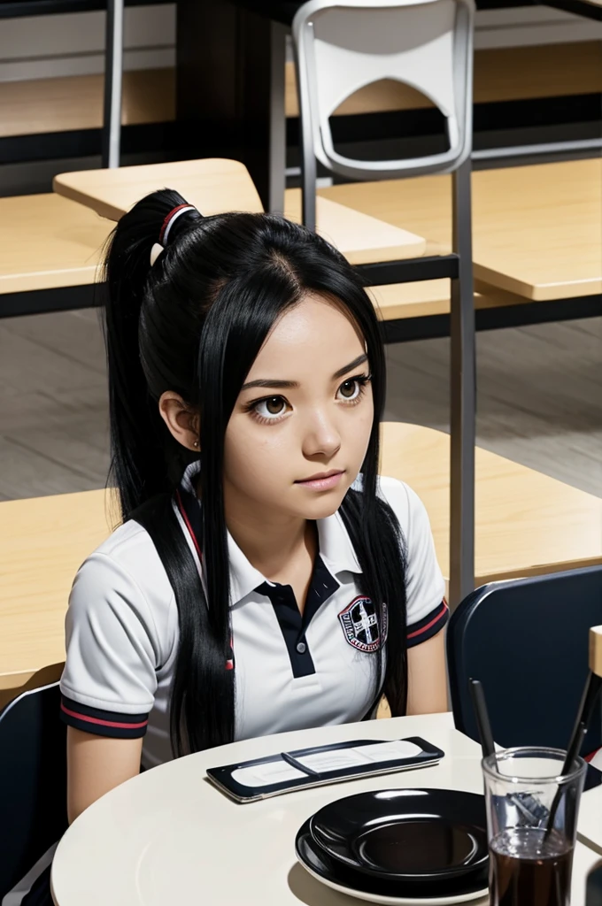 Boku no hero academia screenshot.
Girl with long black hair gathered in a ponytail, with black eyes wearing the UA uniform, sitting at a table