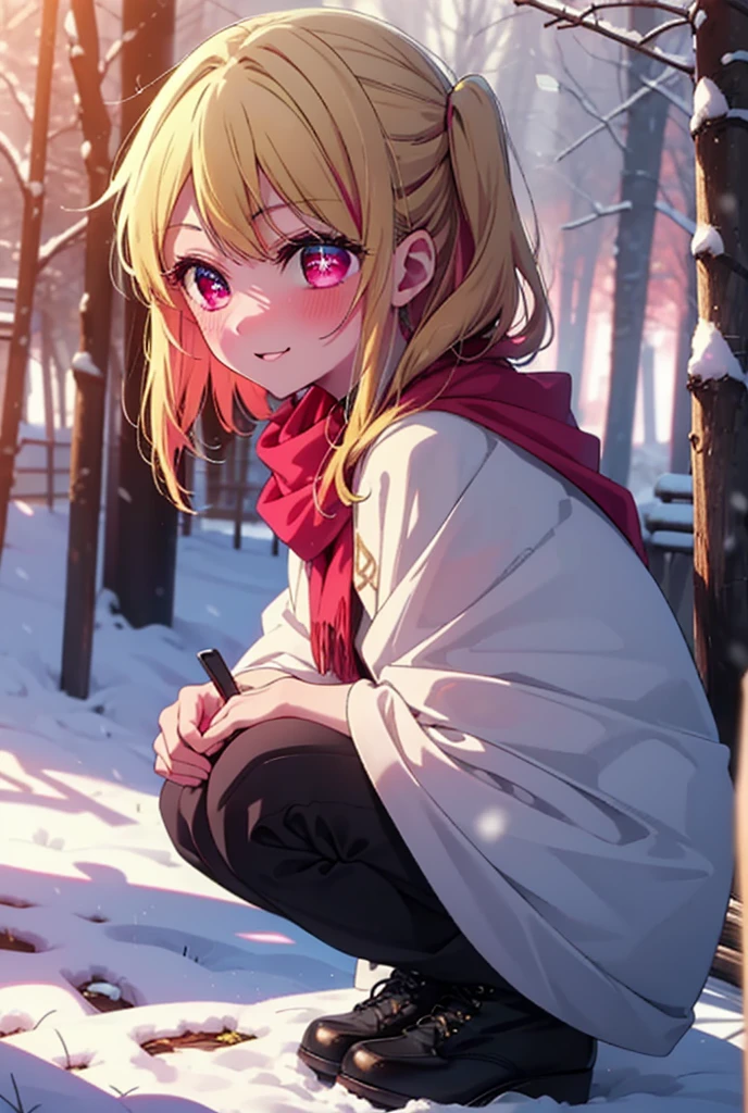 rubyhoshino, Hoshino Ruby, Long Hair, bangs, blonde, (Pink Eyes:1.3), Side Lock, (Symbol-shaped pupil:1.5), Multicolored Hair, Two-tone hair, smile,,smile,blush,white breath,
Open your mouth,snow,Ground bonfire, Outdoor, boots, snowing, From the side, wood, suitcase, Cape, Blurred, , forest, White handbag, nature,  Squat, Mouth closed, Cape, winter, Written boundary depth, Black shoes, red Cape break looking at viewer, Upper Body, whole body, break Outdoor, forest, nature, break (masterpiece:1.2), Highest quality, High resolution, unity 8k wallpaper, (shape:0.8), (Beautiful and beautiful eyes:1.6), Highly detailed face, Perfect lighting, Highly detailed CG, (Perfect hands, Perfect Anatomy),