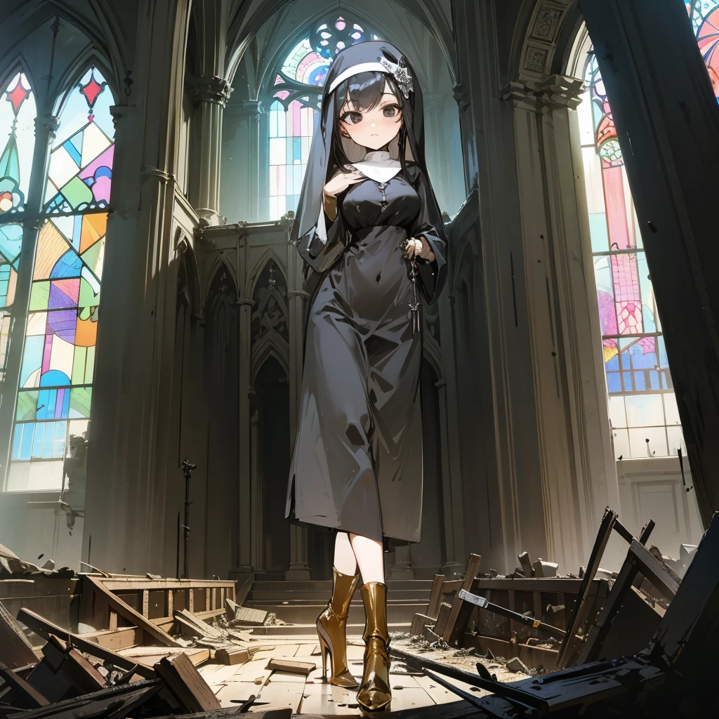 (solo), 1 skinny nun, sheer black nun's robe, large breasts, stiletto heels, BREAK, black short hair, long sidelocks, black eyes, BREAK, short torso, skinny waist, skinny long legs, BREAK, old rotten church, devastated ruin, stained glass
