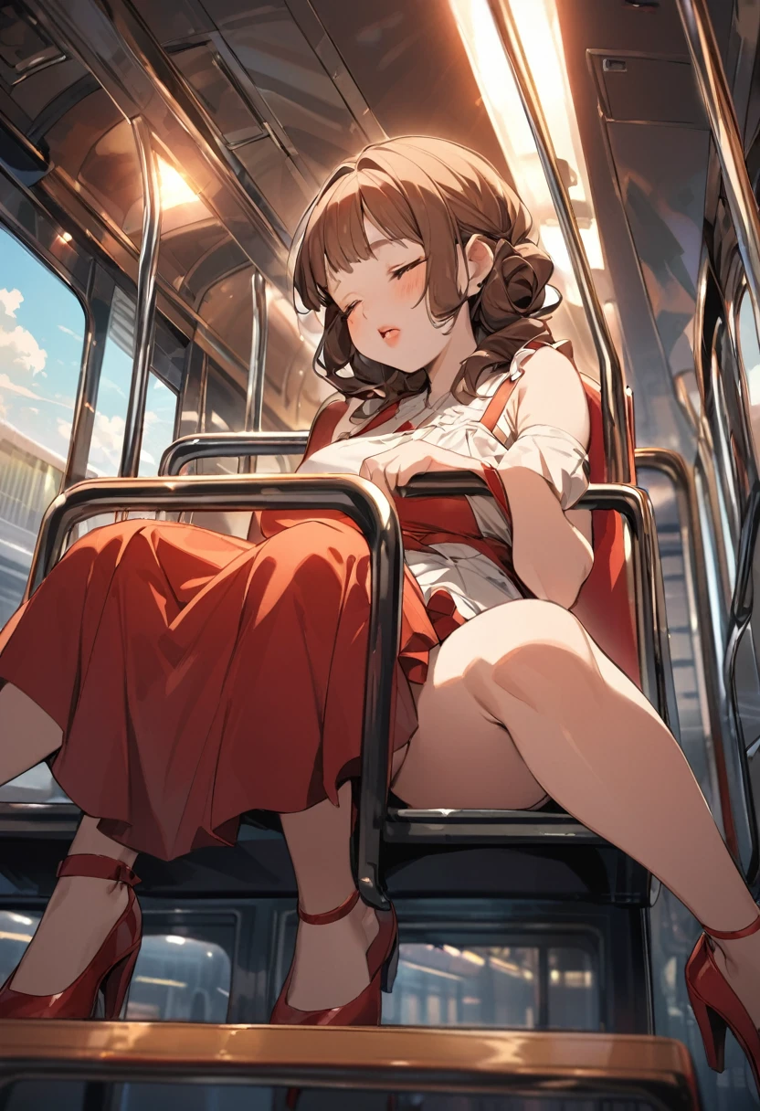 20-year-old women,,The front hair is all aligned、Brown Hair, Shoulder length loose perm hairstyle, close your eyes, Open your mouth wide, My sleeping face and plump lips., Lips with shine、Slender、Depiction of a real woman She is sitting on a long seat on a train, I lean towards the person sitting next to me and tilt my head...her face is up, her eyelids are closed, and she is fast asleep..She is wearing a short skirt dress, Red High Heels, Straps are attached to the top of the foot. Composition seen from below, Sit with your legs and knees apart.Head to toe full body view.
The image of the person is close to reality