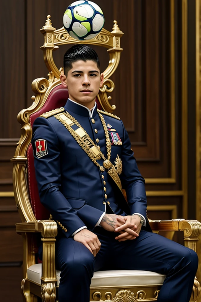 James Rodriguez sitting on a throne with a ball