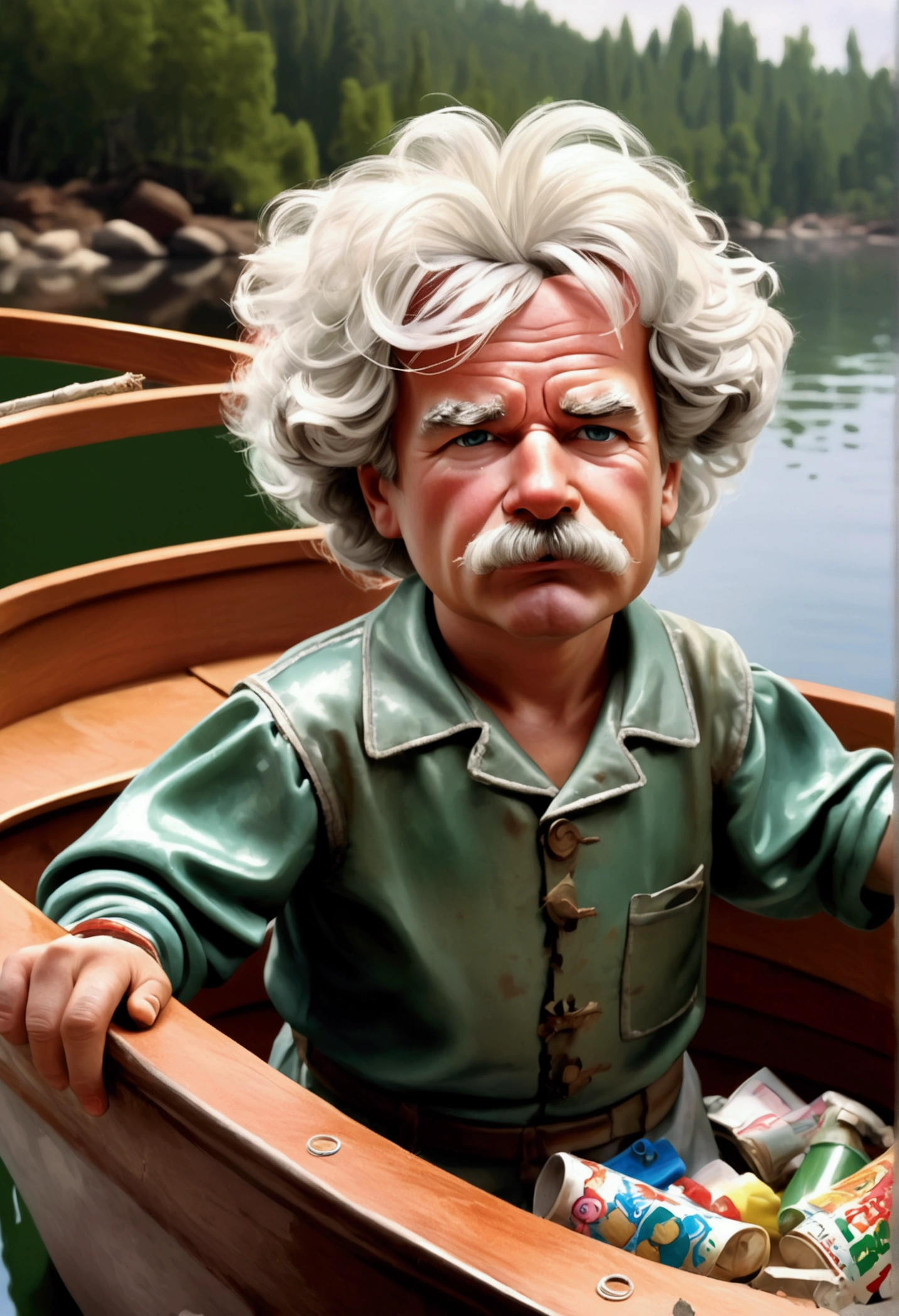 ((Mark Twain as a garbage pail kid, inside a boat, dirty disgusting kid)), snot on kid, lakeside background, 3d cartoon, high quality, detailed, watercolor