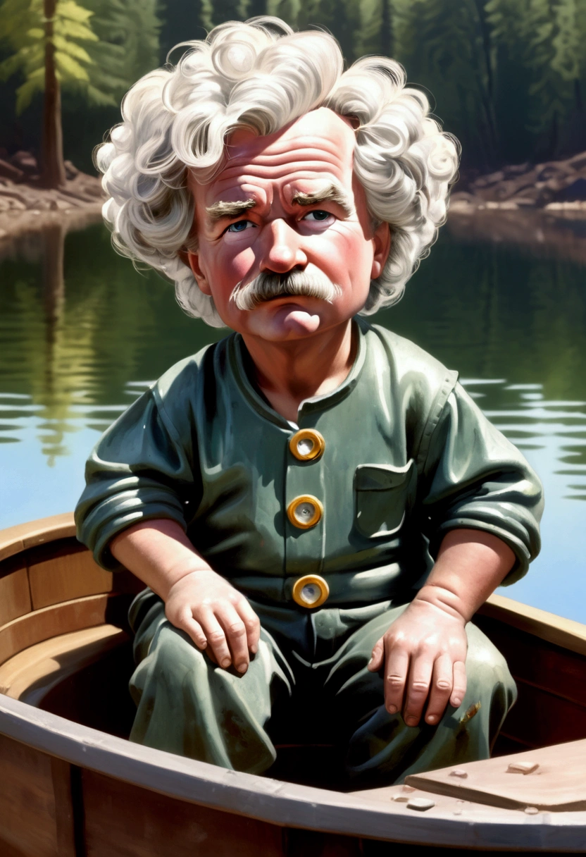 ((Mark Twain as a garbage pail kid, inside a boat, dirty disgusting kid)), snot on kid, lakeside background, 3d cartoon, high quality, detailed, watercolor