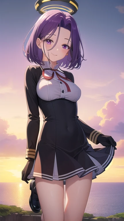 ((masterpiece)),(best quality),official art,extremely detailed CG,unity 8k wallpaper,ultra detailed,A lighthouse on a cliff by the sea,1girl,solo,cowboy shot,mechanical_halo,purple_hair,short_hair,purple_eyes,smile,school_uniform,dress,black_gloves,shoes,medium_breasts,