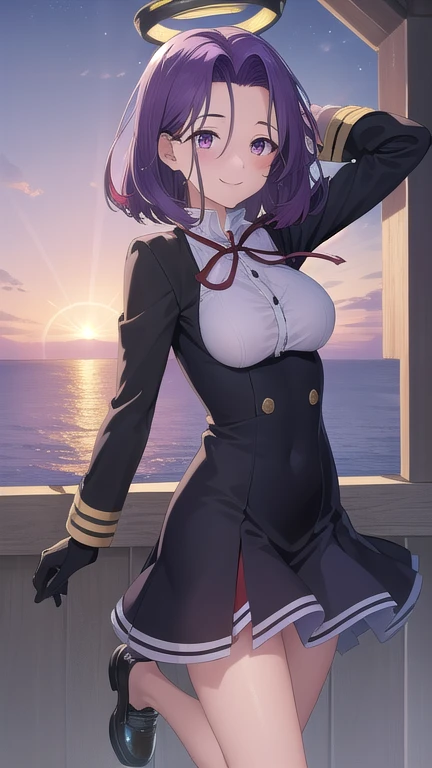 ((masterpiece)),(best quality),official art,extremely detailed CG,unity 8k wallpaper,ultra detailed,A lighthouse on a cliff by the sea,1girl,solo,cowboy shot,mechanical_halo,purple_hair,short_hair,purple_eyes,smile,school_uniform,dress,black_gloves,shoes,medium_breasts,