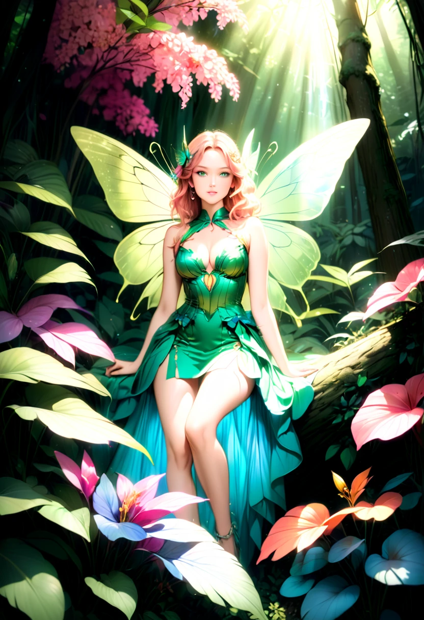 a picture of a jungle fairy, an extraordinary beautiful, elegant beauty, divine beautiful fairy, ((anatomically correct: 1.5)) spread butterfly wings, (blue and green) wings, pink eyes, glowing eyes, (ultra detailed face: 1.2), best detailed face,  blond hair, rich hair, wavy hair, glamour dress, wild dress, dress decorated with jungle flowers,  sitting on massive heliconia tree the rain forest, sun rays coming through the trees, Hyperrealism style, vibrant, Ultra-high resolution, High Contrast, (masterpiece:1.5), highest quality, Best aesthetics), best details, best quality, highres, ultra wide angle, 16k, [ultra detailed], masterpiece, best quality, (extremely detailed) RAW, Cinematic Hollywood Film style, FairyTaleAI, fairy wings, digital painting