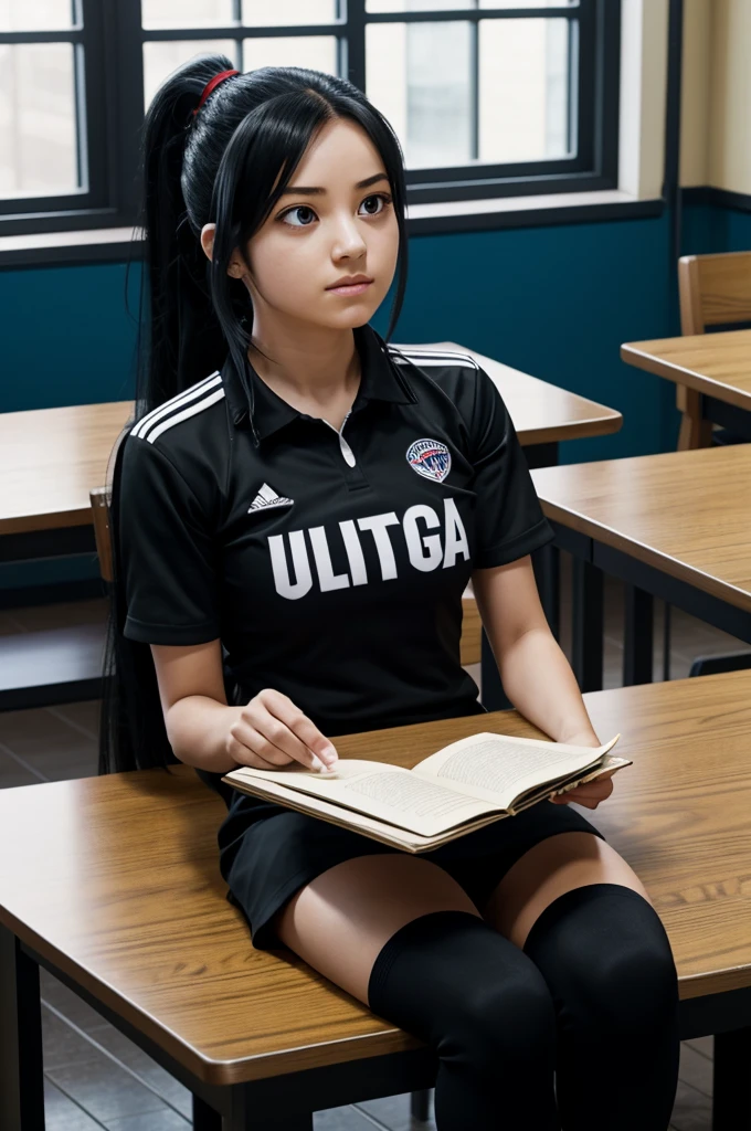 Boku no hero academia screenshot.
Girl with long black hair gathered in a ponytail, with black eyes wearing the UA uniform, sitting at a table