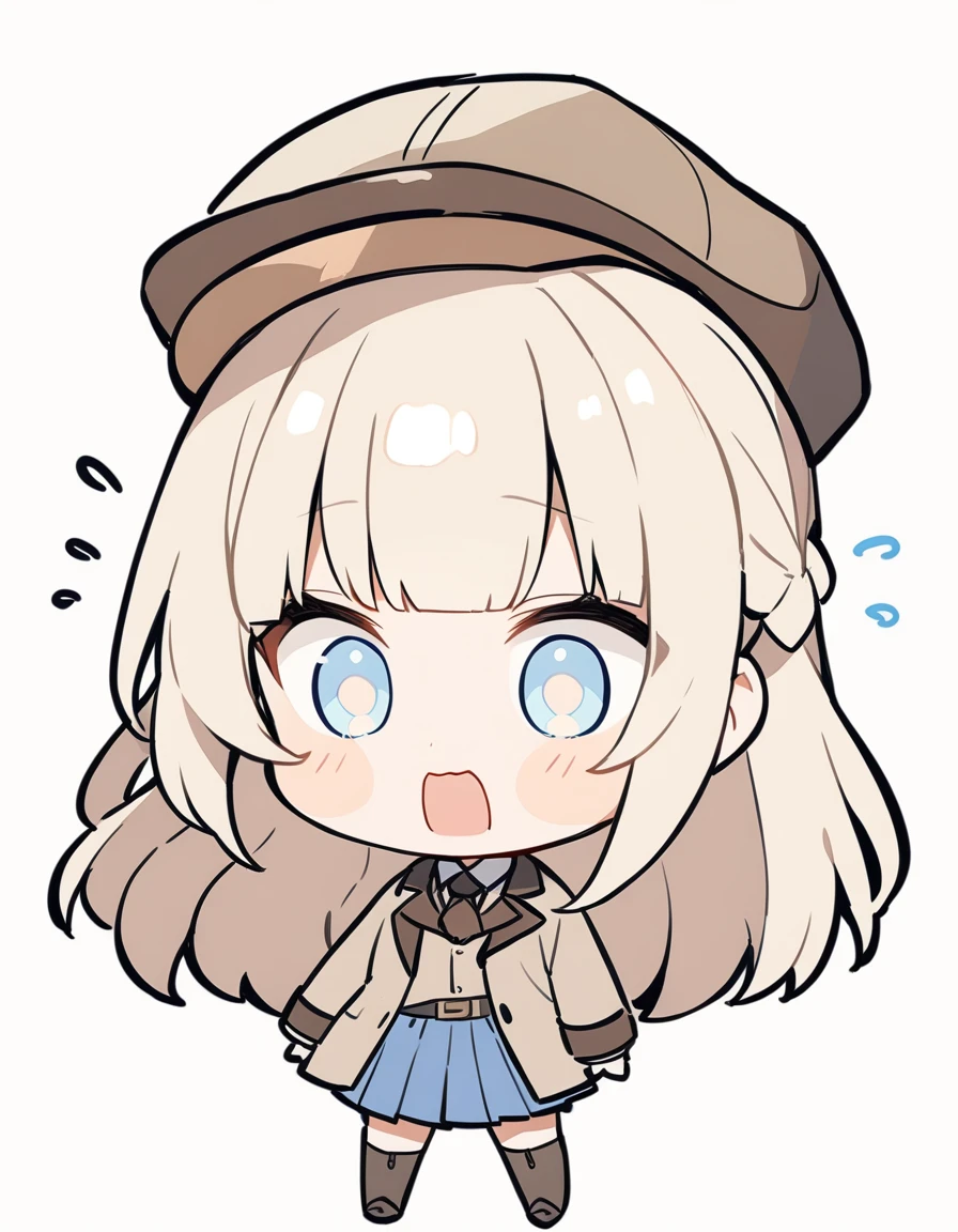 One girl, Beige hair、Long Hair、Bangs、Detective Suit、chibi,Light blue eyes、simple background、Surprised face、Newsboy hat、skirt