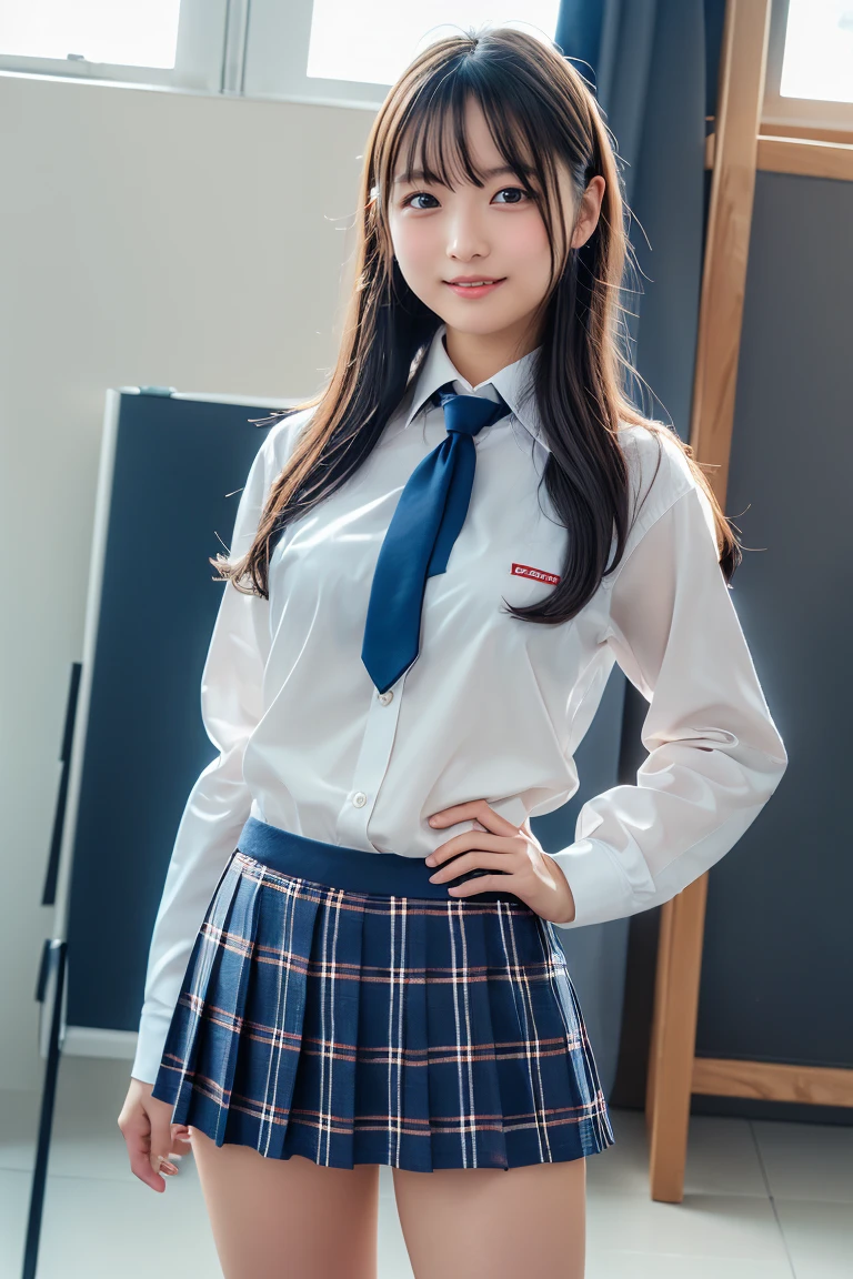 ((school uniform)),ribbon at neck,(school uniform and ((Plaid navy skirt)) and white shirt:1.1), Skin color, big , smile, (8k, RAW Photos, Highest quality, masterpiece:1.2), masterpiece, super detailed, super high quality, (Realistic and Realistic photography:1. 37), High-resolution RAW color photos, Very delicate and beautiful, highly detailed, 8k壁紙, wonderful, detailed, Very eye, very detailed, very detailed skin, very thin fingers, very detailed nose, very detailed mouth, Perfect Anatomy, Upper Body, studio, Soft lighting, A full-body shot of a cute idol wearing a one-piece swimsuit, Playful pose, Hands on hips, smile, Pastel Background, Realistic, Attention to detail, studio photography