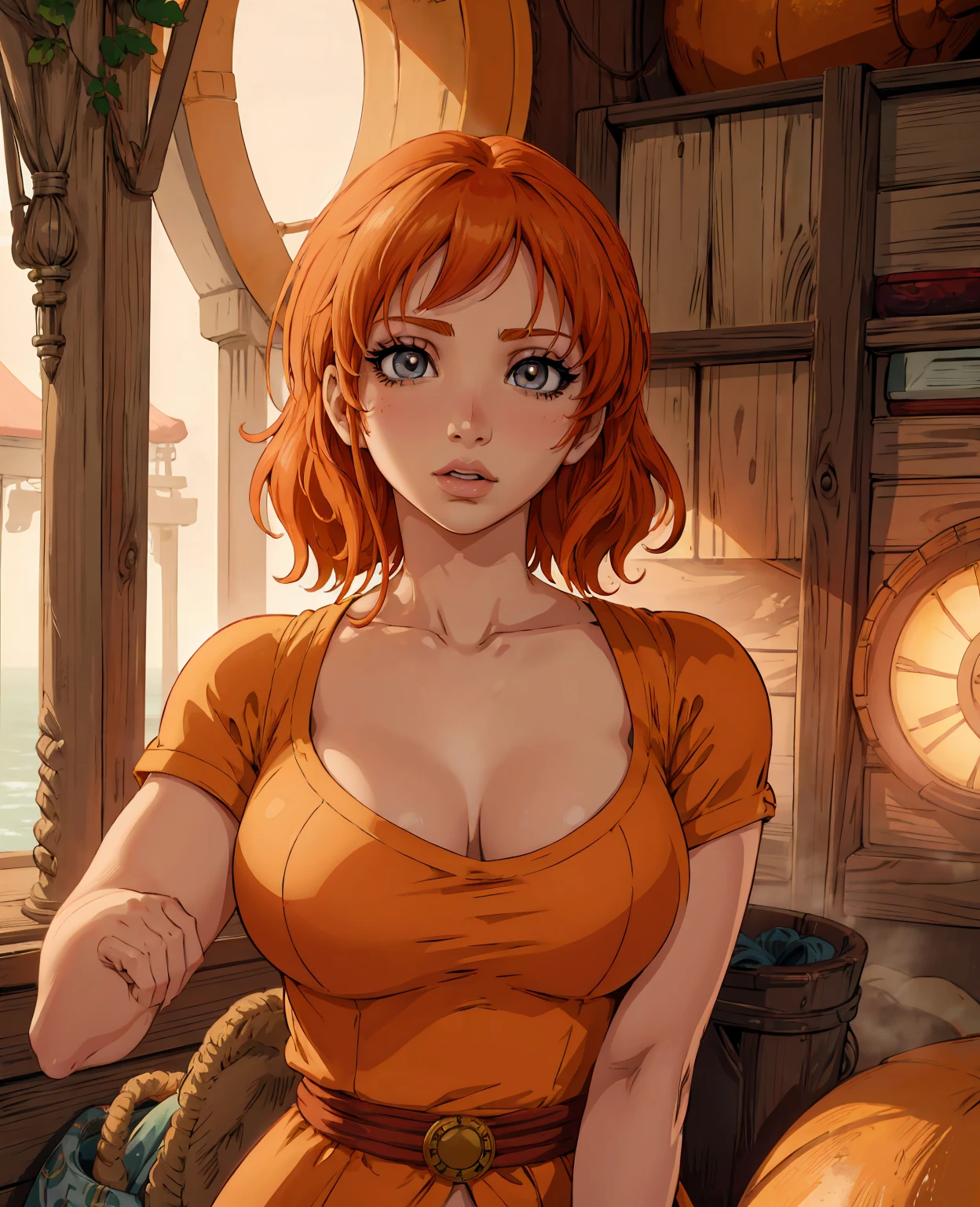 A beautiful detailed portrait of Nami from the anime One Piece, extremely detailed face and eyes, long eyelashes, long orange hair, beautiful detailed lips, a confident expression, wearing her iconic navigator outfit, high quality 8k detailed illustration, vibrant colors, dynamic lighting, cinematic composition, masterpiece, photorealistic
