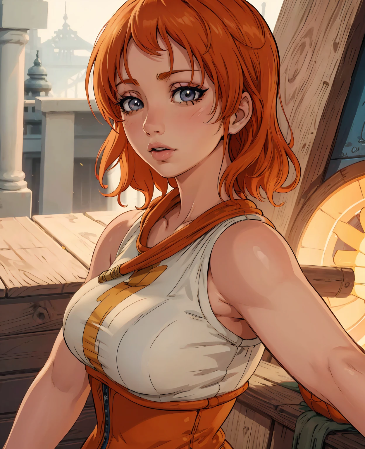 A beautiful detailed portrait of Nami from the anime One Piece, extremely detailed face and eyes, long eyelashes, long orange hair, beautiful detailed lips, a confident expression, wearing her iconic navigator outfit, high quality 8k detailed illustration, vibrant colors, dynamic lighting, cinematic composition, masterpiece, photorealistic