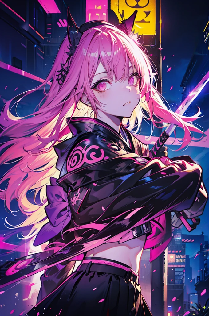 "Cyberpunk samurai cat girl with neon eyes at night in Tokyo city, Close-up shot, Carrying a sword on his back, Infused bright pink style."