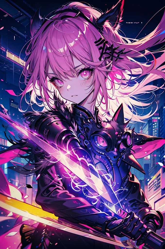 "Cyberpunk samurai cat girl with neon eyes at night in Tokyo city, Close-up shot, Carrying a sword on his back, Infused bright pink style."