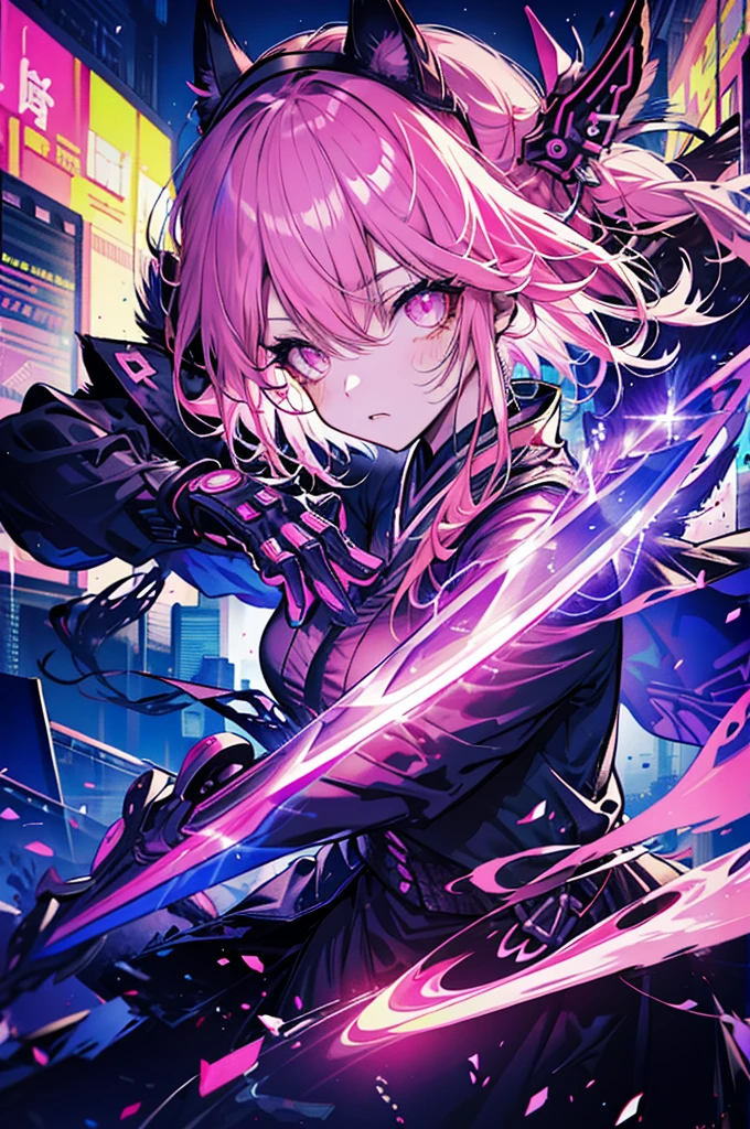 "Cyberpunk samurai cat girl with neon eyes at night in Tokyo city, Close-up shot, Carrying a sword on his back, Infused bright pink style."