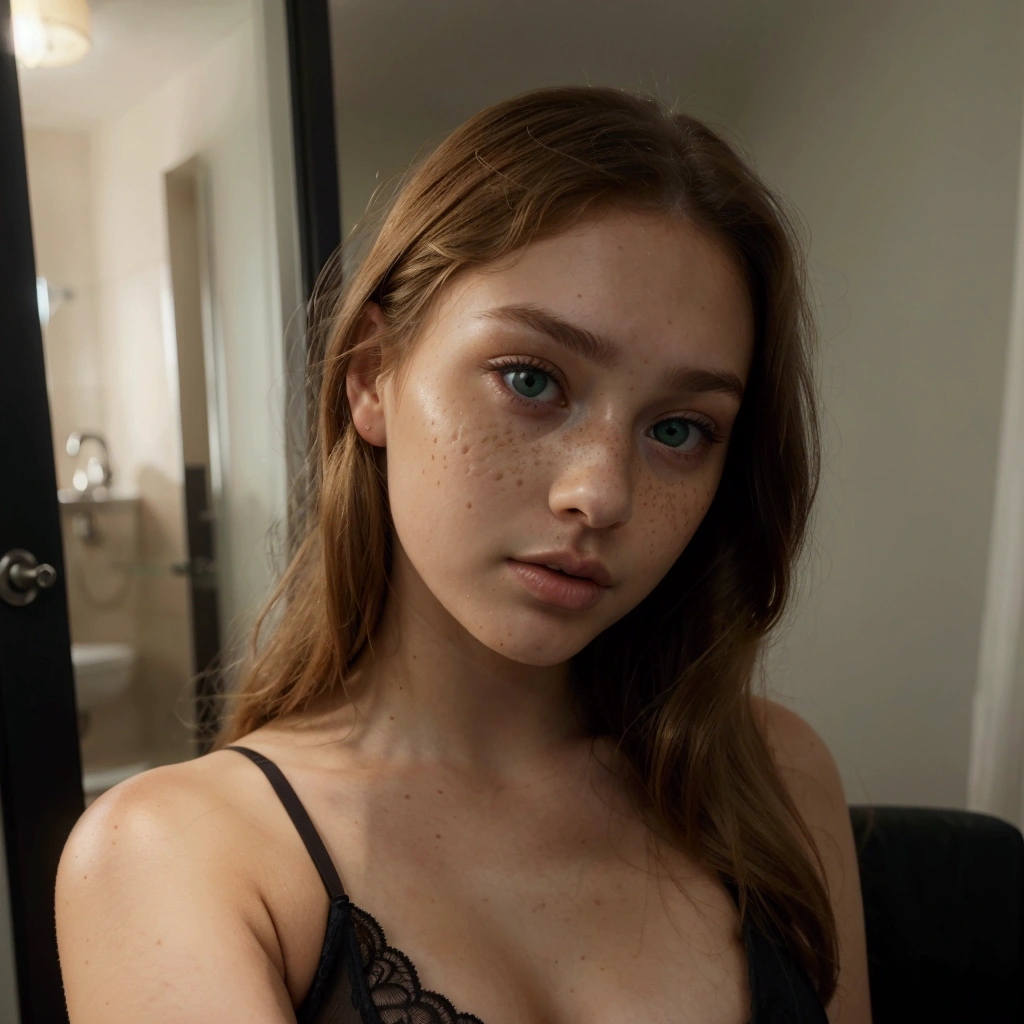 a woman with very soft and subtle freckles on her face, perfect face), 4k, beautiful young model, 8k soft portrait, reddened face and , anna nikonova aka newmilky, sexy look at the camera, luminous skin, beautiful young woman, extremely beautiful face, perfect face and eyes, extremely beautiful face and green eyes round face, detailed perfect face, sexy beautiful face with intense light green eyes, perfect face with soft beautiful freckles, beautiful attractive face, beautiful fine facial features, beautiful detailed body and face, beautiful attractive face, beautiful hair with small waves and straight, very light brown with honey blonde highlights, giant huge tits, very pretty, very soft and luminous skin Arafed woman in a black bra posing for a photo., portrait sophie mudd, sexy look at the camera, extremely beautiful face, 19 year old girl, beautiful young girl, beautiful young model, cute young woman, young and cute girl, beautiful attractive face, she is about 19 years old, a beautiful teenager