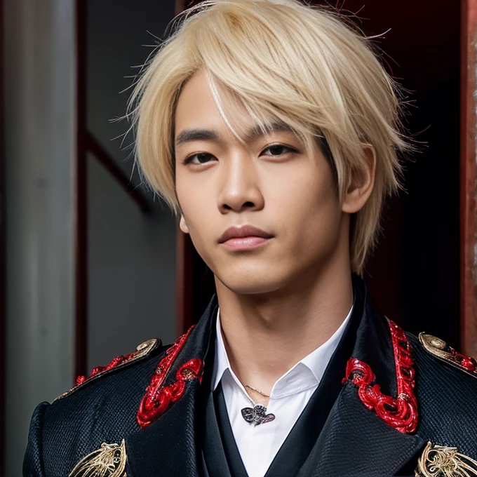 1 man, Japanese man, male, Asian eyes, muscular, broad shoulders, dragon,hairstyle Visual Kei style, hair Visual Kei, black men's shirt and black pants, ultra detailed face, hyperrealistic, realistic representation, 30 years old, ,age 30 years, Blonde hair, long hair.