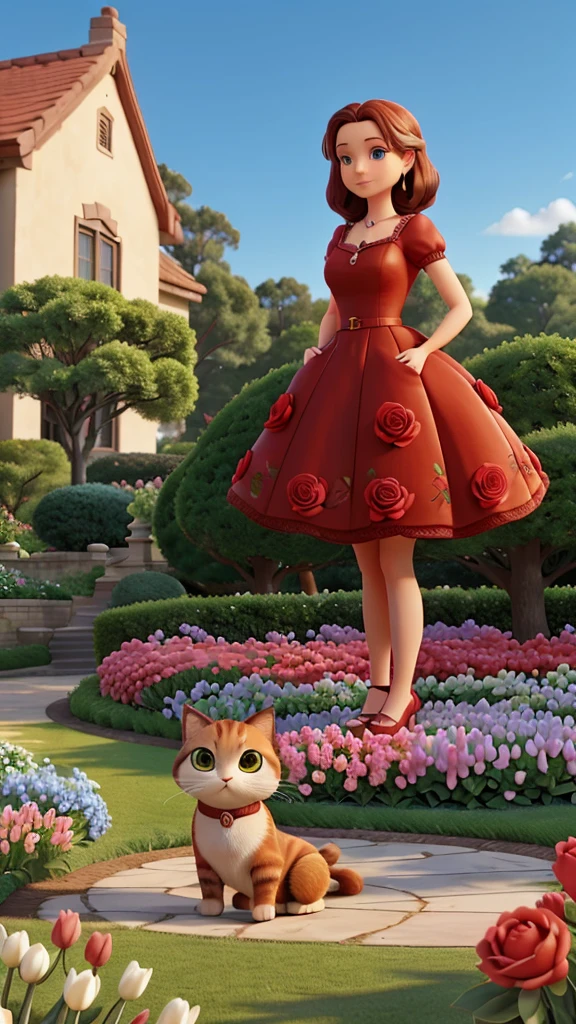 A beautiful garden,Lombard pines,weeping willows,Magnolias, tulips and red roses planted in the garden, a perfectly defined woman is wearing a carmine red dress, a cat sits at his feet and the magnificent blue sky rises above everything