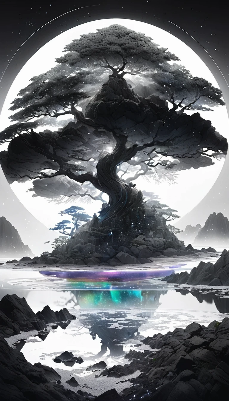 Super detailed, Super complicated, Extremely precise, An island that emits a mysterious light, Transparent full , Holographic shine and reflection, Pursuit of the expressive power of mystical radiance, BREAK Mysterious Plants, Detailed and precise, Colorful fruits, The charm of fresh greenery, Detailed and delicate brushwork combined with aesthetic balance, BREAK Mysterious Rock, Inorganic silence, Detailed and realistic texture, Solitary Philosophy, BREAK Mysterious Water, Extremely high transparency, Detailed and attractive liquid texture, Source of life, Absolute aesthetics that transcend human reason, BREAK Mysterious Beach, Tiny grains of sand, Top quality sand, BREAK A fantastical island shrouded in mist, Accumulation of Mysteries, Mysterious light pours in, dramatic cinematographic lighting, Realistic, Cinematic composition, Dynamic Perspective, BREAK (((Full-color image center, A monochrome world that spreads around the circumference, Emphasizing the mysticism of the island depicted in the center))), BREAK A work of art that depicts a highly mysterious island with ultimate aesthetics, Super Retina,