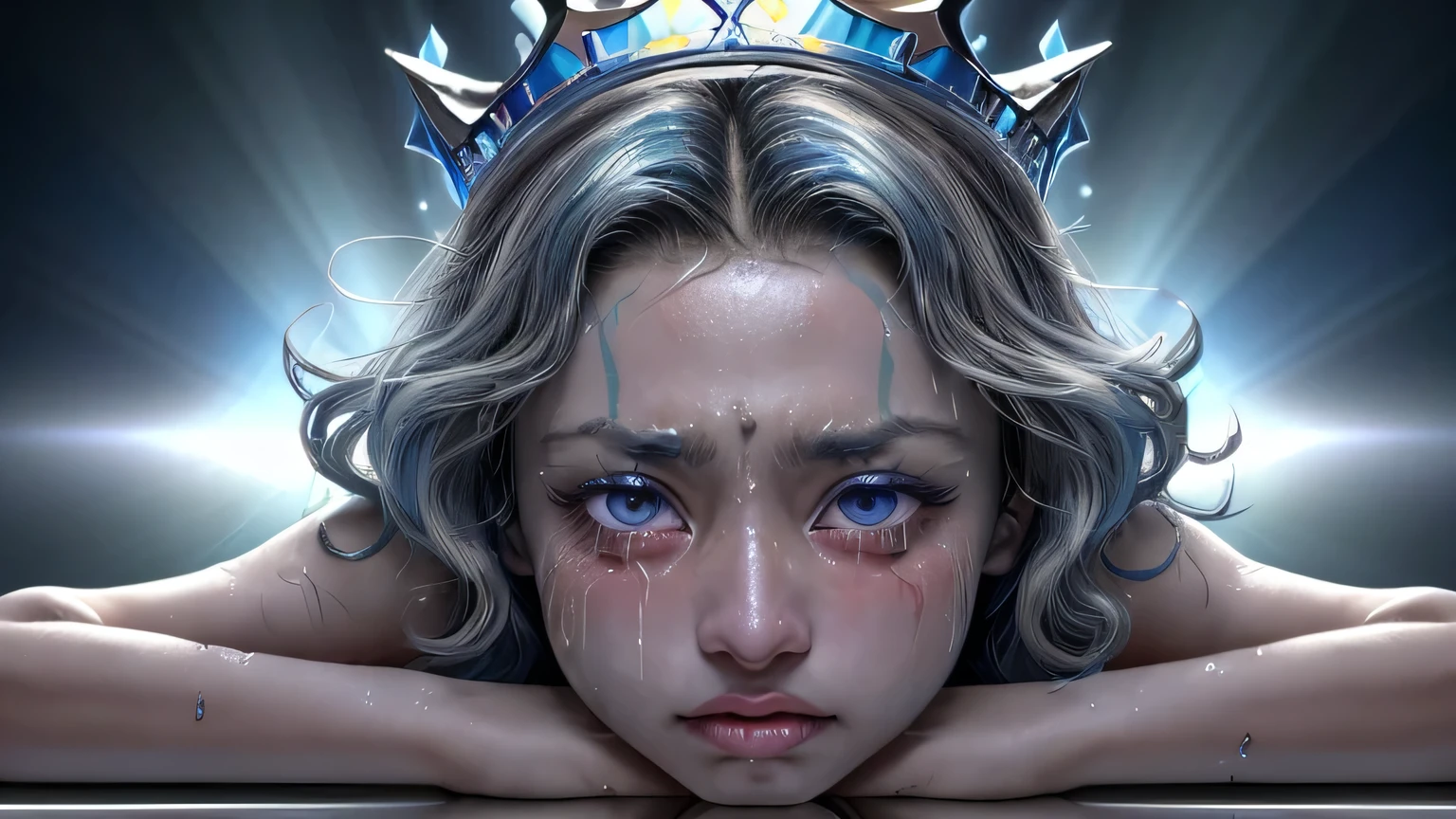 Mulher asiática de pele azul, com rachaduras de ouro sobre a pele, andando sobre a água, streaked hair, crown, mismatched pupils, dilated pupils, eye reflection, tears, crying with eyes open, pointy ears, shy, embarrassed, streaked hair, silver hair, curly hair, crown, crying with eyes open, pointy ears, Art Deco, ray tracing, Wide-Angle, perspective, Realism, god rays, ray tracing, reflection light, image fill, pov, masterpiece, 16k, textured skin, super detail, high details, high quality