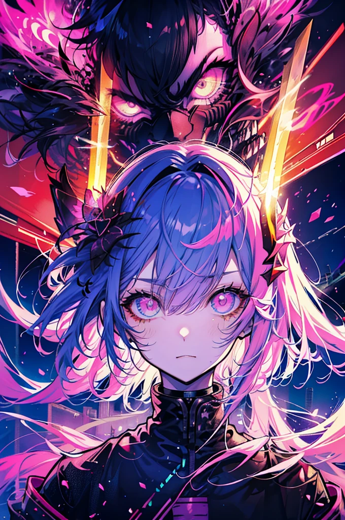 "Cyberpunk samurai cat girl with neon eyes at night in Tokyo city, Close-up shot, Carrying a sword on his back, Infused bright pink style."