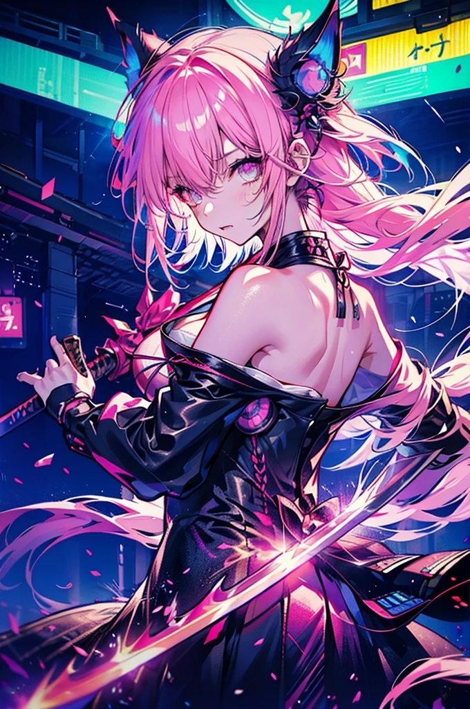 "Cyberpunk samurai cat girl with neon eyes at night in Tokyo city, Close-up shot, Carrying a sword on his back, Infused bright pink style."