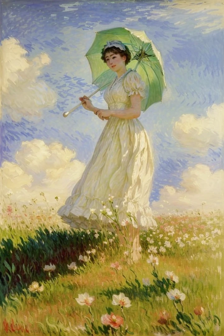 Painting of a woman in a white dress holding a green umbrella, Standing with a parasol, Blanche Ochedet Monet, Claude Monet), by Claude Monet, Claude Monet, an Impressionist painting, Monet's paintings, Impressionist painting, Painted by Monet, Impressionist paintings, By Monet, Impressionist style, Impressionist art, French Impressionism, Monet's Style, Charles Monet,Live-action adaptation,Facing forward,Close up of face