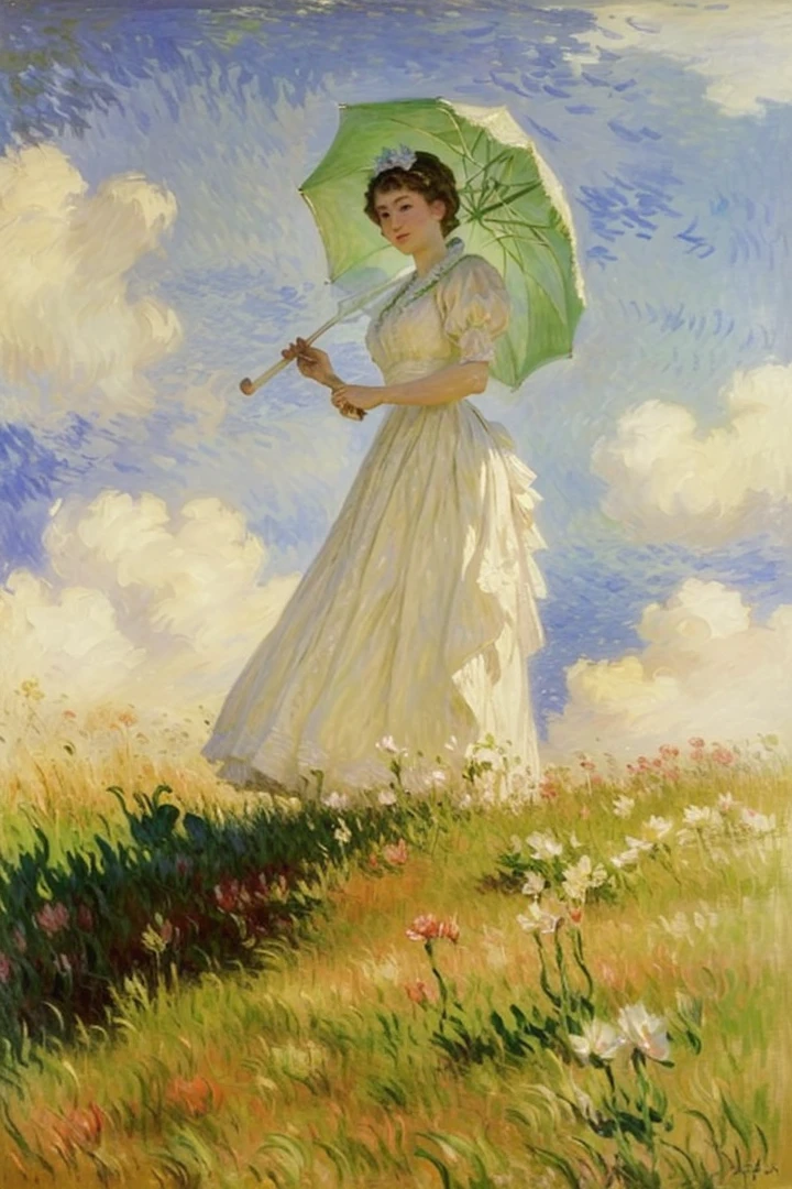Painting of a woman in a white dress holding a green umbrella, Standing with a parasol, Blanche Ochedet Monet, Claude Monet), by Claude Monet, Claude Monet, an Impressionist painting, Monet's paintings, Impressionist painting, Painted by Monet, Impressionist paintings, By Monet, Impressionist style, Impressionist art, French Impressionism, Monet's Style, Charles Monet,Live-action adaptation,Facing forward,Close up of face