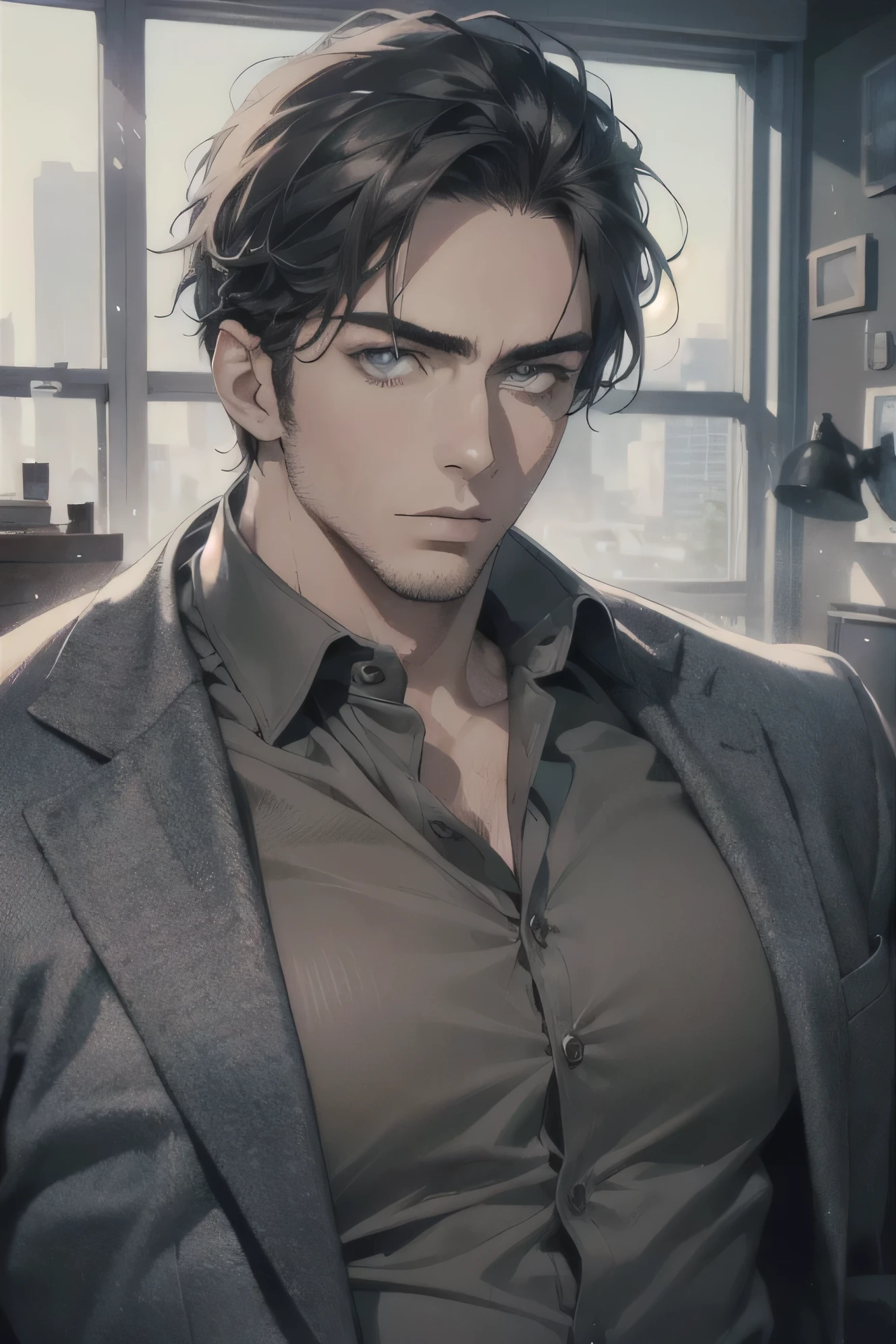(Best Quality,4k,8k,High resolution,masterpiece:1.2),ultra detailed,(realist,photorealist,photo-realist:1.37),1 man,31 years,mature man,very handsome,big body,muscular,without expresion,short gray black hair,blue eyes,glare,perfect face without mistakes,imposing posture,cinematic lighting,imagen HDR