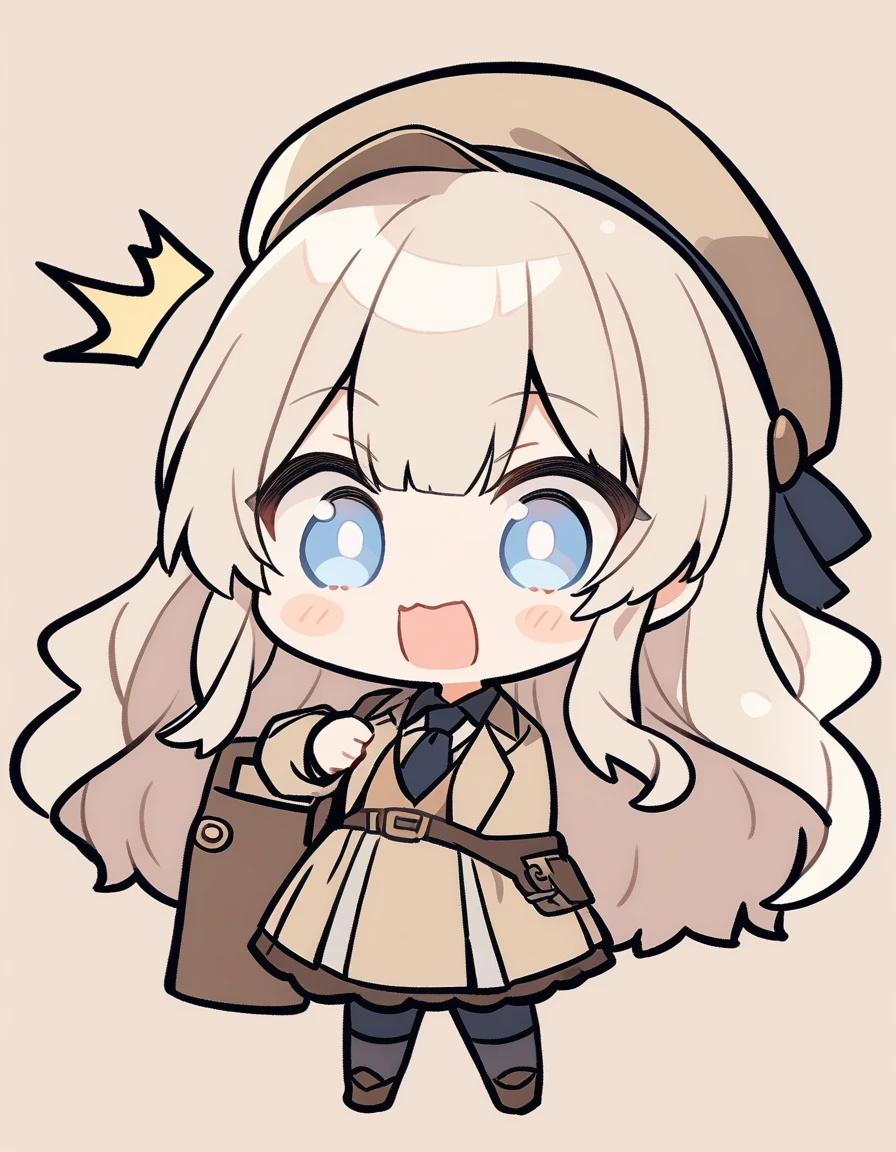 One girl, Beige hair、Long Hair、Bangs、Detective Suit、chibi,Light blue eyes、simple background、Surprised face、Newsboy hat、skirt
