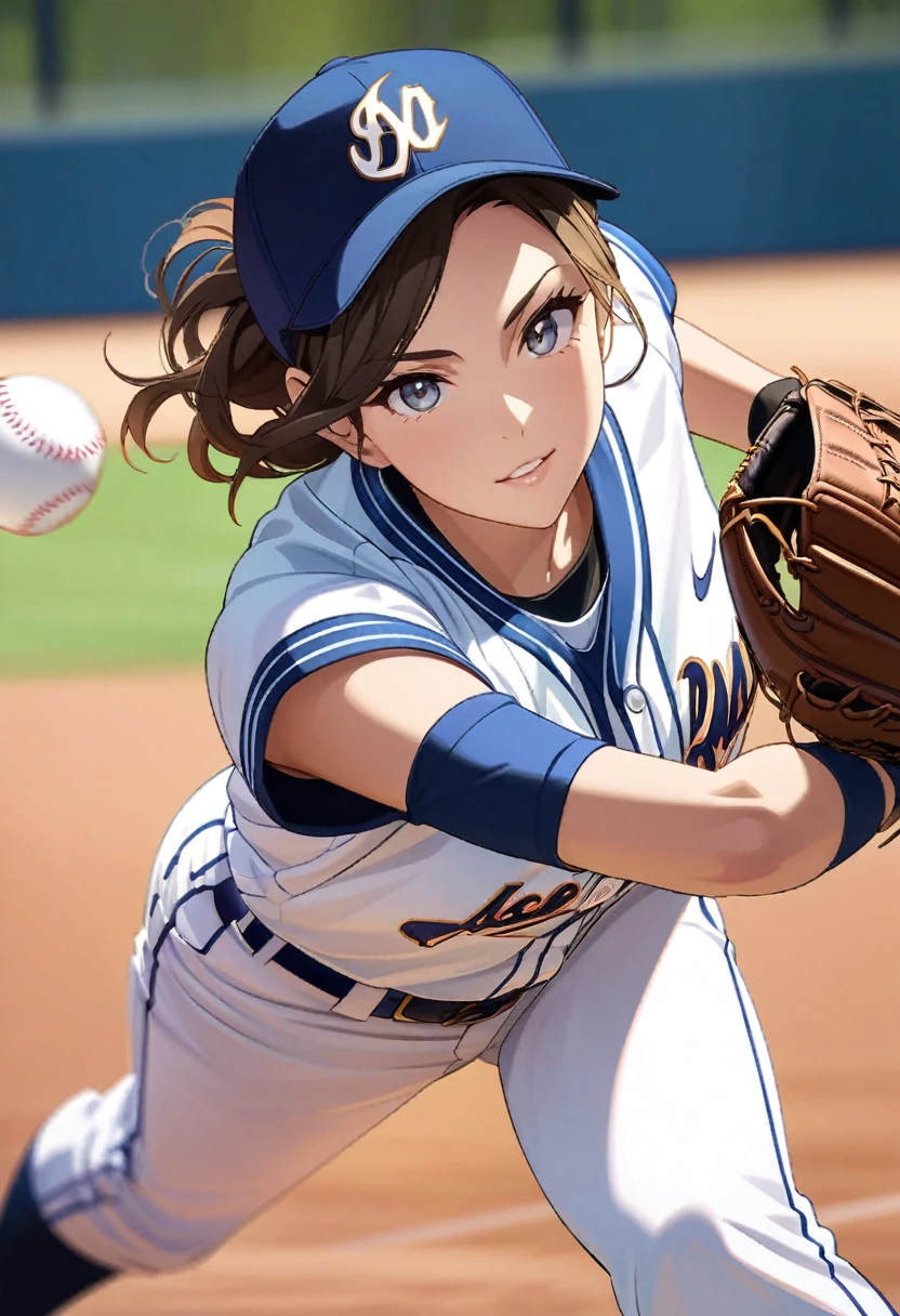 anime baseball player in a blue and white uniform throwing a baseball, marin kitagawa fanart, official art, high detailed official artwork, female baseball player, range murata and artgerm, makoto shinkai and artgerm, detailed digital anime art, female protagonist 👀 :8, smooth anime cg art, clean detailed anime art, anime visual of a young woman