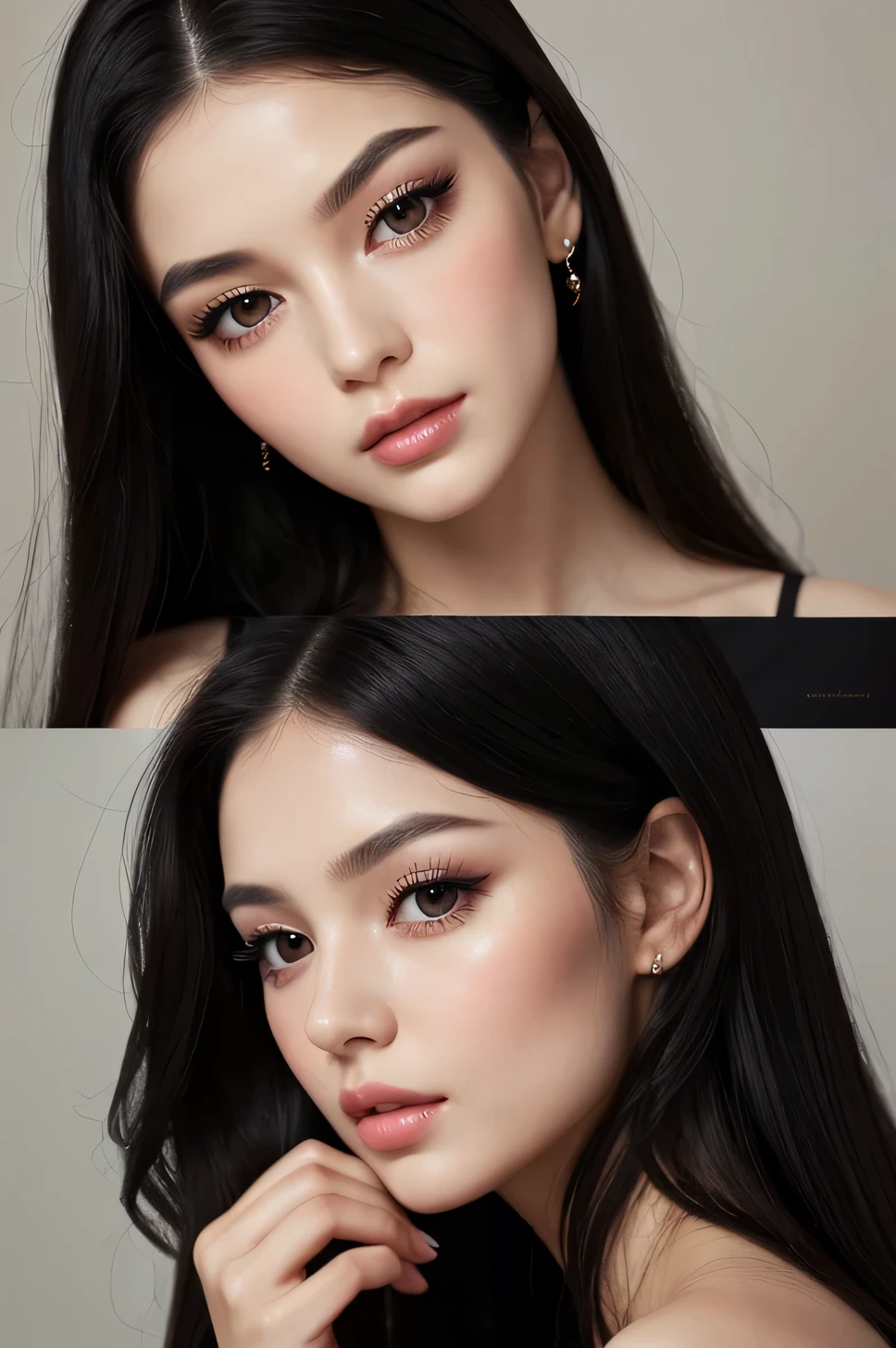 beautfull woman, long black hair, eyes black, flushed lips and cheeks, light-makeup, big, delicate eyelashes. sweet and elegant