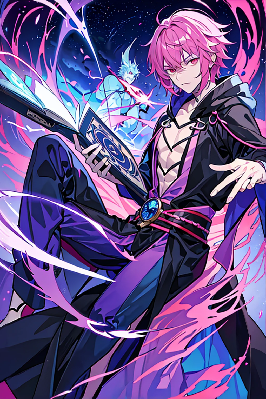 Sorcerer a pinkhightlightbluehair men, wearing a , fasion hair, fasion hair, slim body, hood, hakama, men, handsome face, tall 187cm, 21yearold, male, Secret,  magicbook, red eyes, villianface