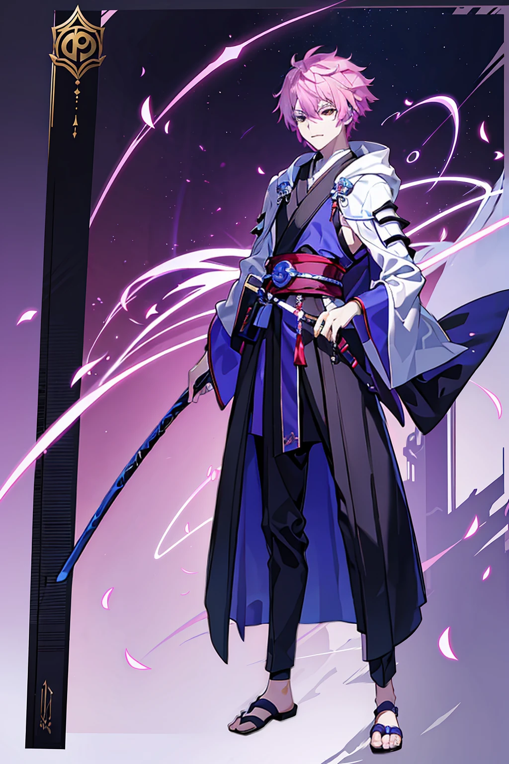 Sorcerer a pinkhightlightbluehair men, wearing a , fasion hair, fasion hair, slim body, hood, hakama, men, handsome face, tall 187cm, 21yearold, male, Secret,  magicbook, red eyes, villianface