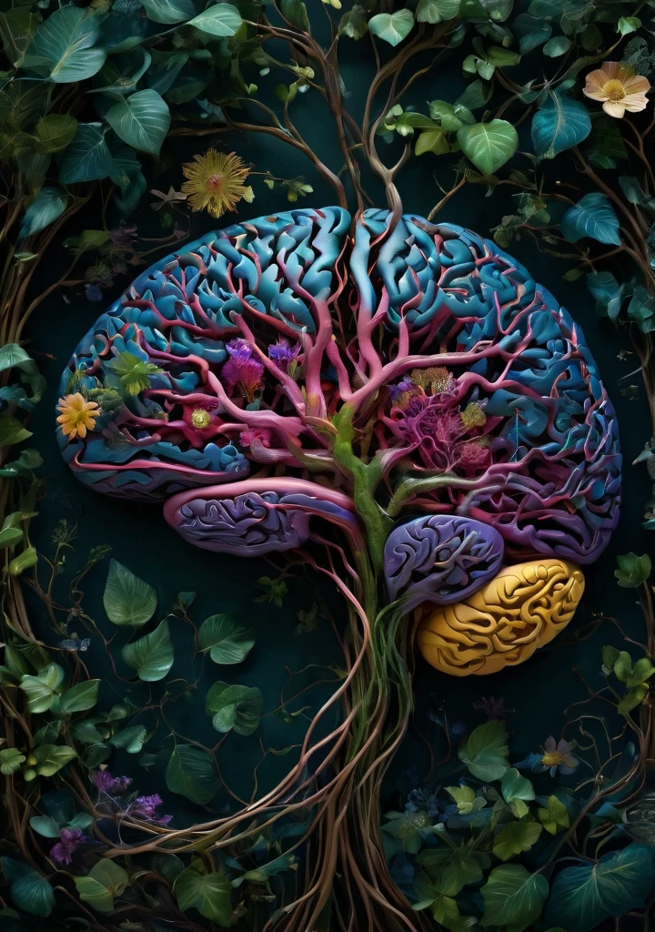 A mesmerizing digital illustration of a human brain. The brain CONSISTS ENTIRELY OF intricately woven with trees, vines, and flowers, which are sprouting from the brain stem, creating a surreal and organic fusion of nature and intelligence. The vines branch out, forming complex neural networks that are translucent and extend into the surroundings. The brain is depicted without bones and skin, purely composed of the vegetation, showcasing the interconnectedness of nature and human cognition. The illustration is rendered with extreme detail, capturing every intricate texture of the trees, vines, and flowers, creating a visually stunning masterpiece. The colors of the illustration are vivid and vibrant, with a color palette dominated by various shades of green and violet, representing growth, life, and harmony. Some flowers bloom in vibrant hues of pink, blue, and yellow,