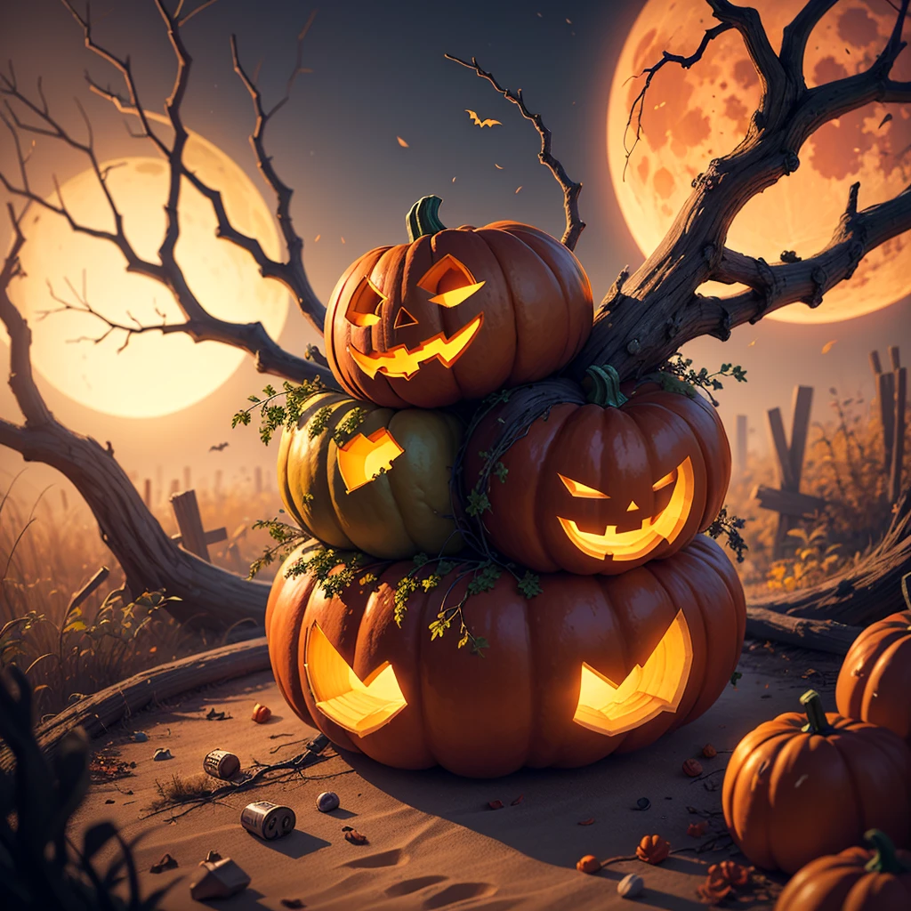 Halloween Poster, pumpkin, One, withered huge branches, Red Moon, Ray Tracing, Stacked treasure chests