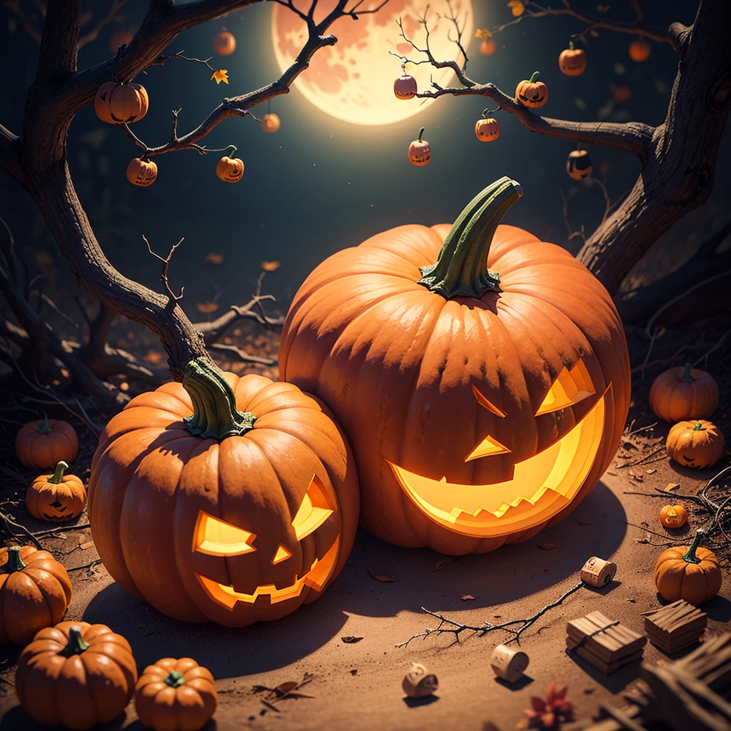 Halloween Poster, pumpkin, One, withered huge branches, Red Moon, Ray Tracing, Stacked treasure chests