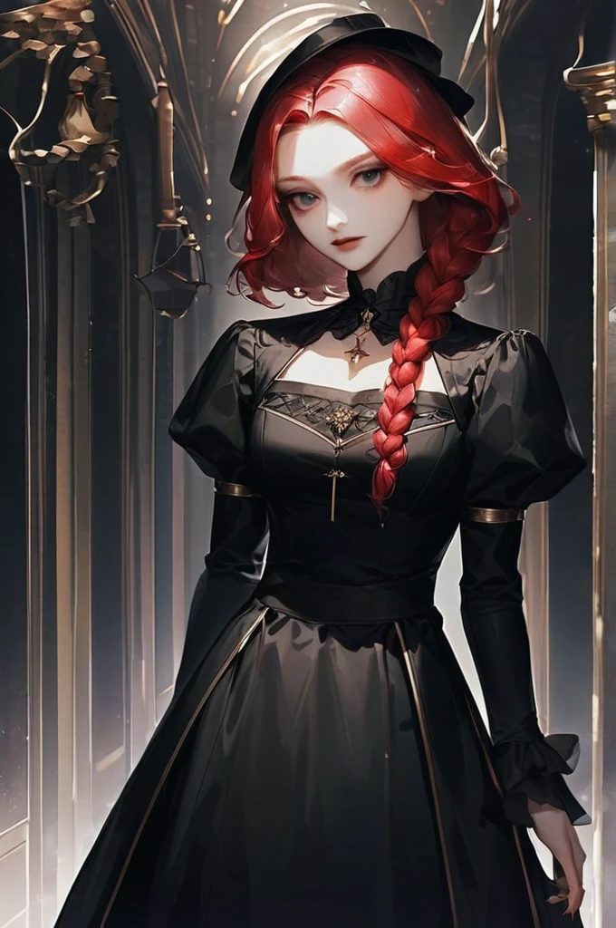 ((Лучшее качество)), ((шедевр)), (подробный), a girl in a black mourning dress, white lips, red hair gathered in a tight braid