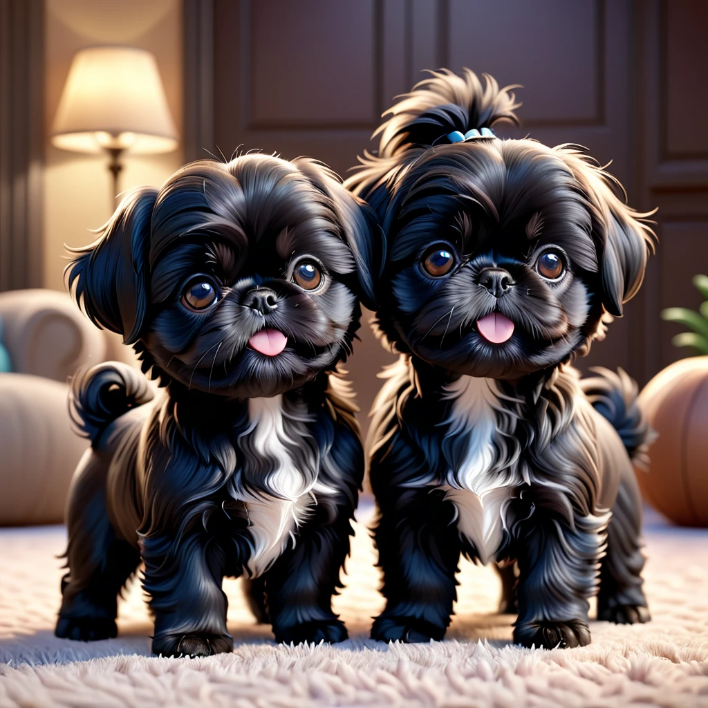 2 adorable small black shih tzu puppies, extremely detailed, 3d render, disney pixar style, disney background, cute, playful, stretching, 8k, high quality, ultra-detailed, photorealistic, cinematic lighting, vibrant colors, soft focus, magical, whimsical