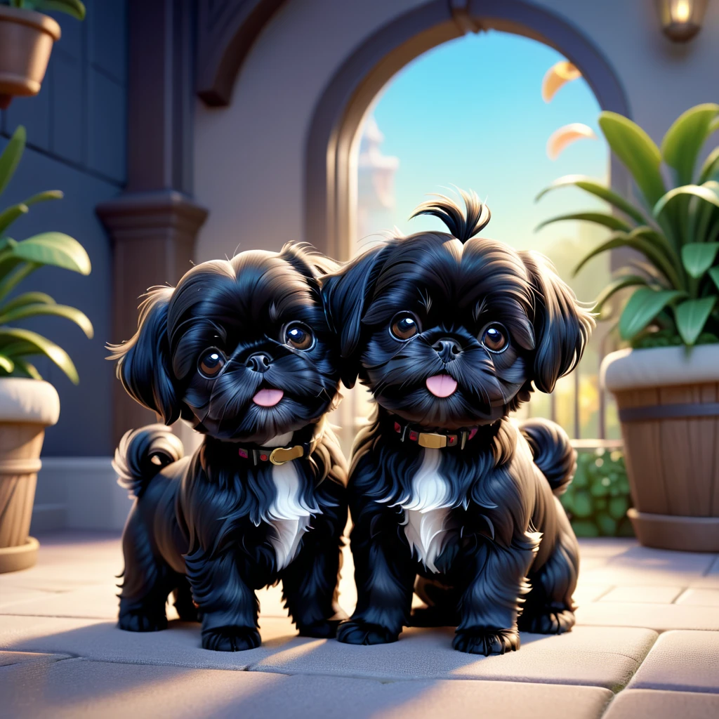 2 adorable small black shih tzu puppies, extremely detailed, 3d render, disney pixar style, disney background, cute, playful, stretching, 8k, high quality, ultra-detailed, photorealistic, cinematic lighting, vibrant colors, soft focus, magical, whimsical