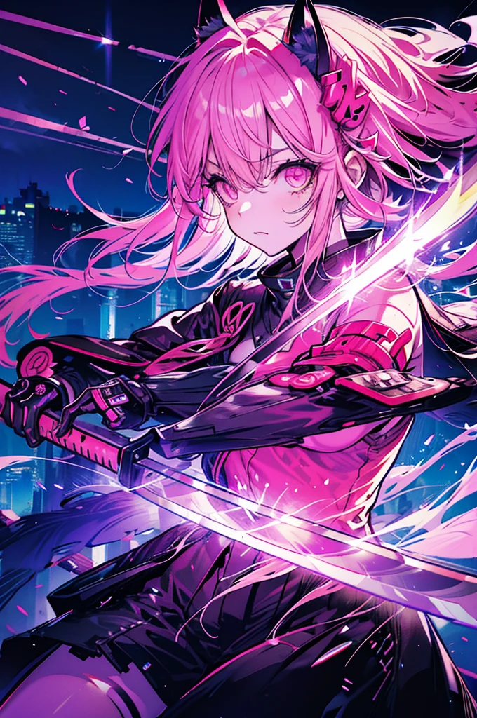 "Cyberpunk samurai cat girl with neon eyes at night in Tokyo city, Close-up shot, Carrying a sword on his back, Infused bright pink style."