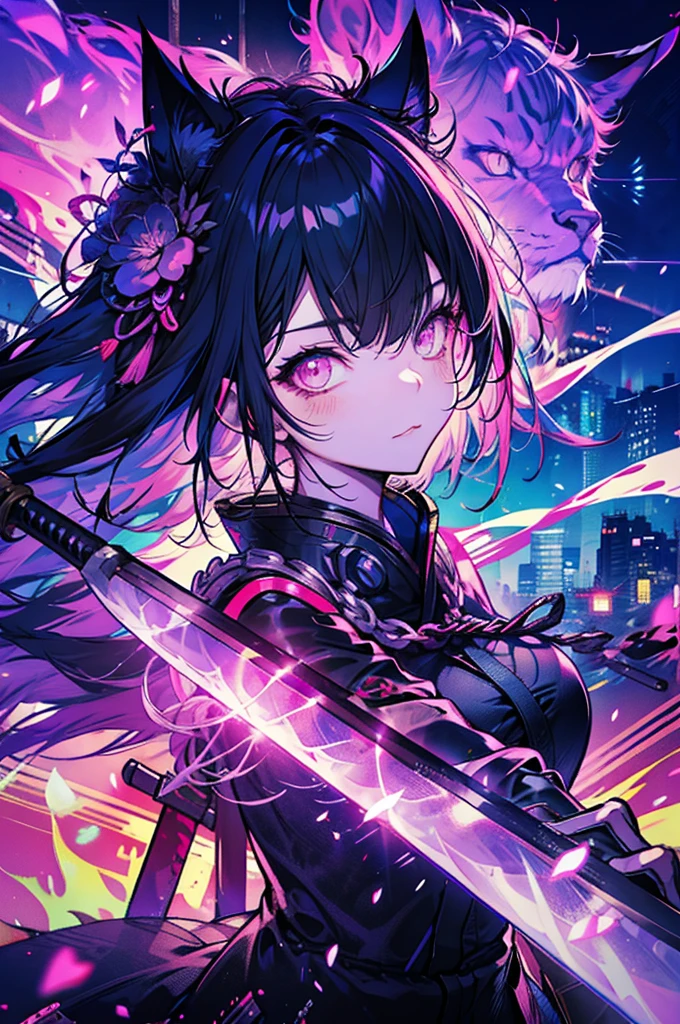 "Cyberpunk samurai cat girl with neon eyes at night in Tokyo city, Close-up shot, Carrying a sword on his back, Infused bright pink style."