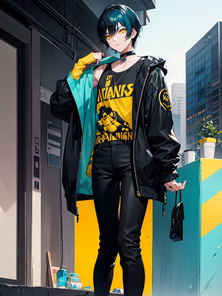 Boy (black and turquoise hair, short hair, yellow eyes, An ironic look, modern clothes, fashion clothes, a vampire)
