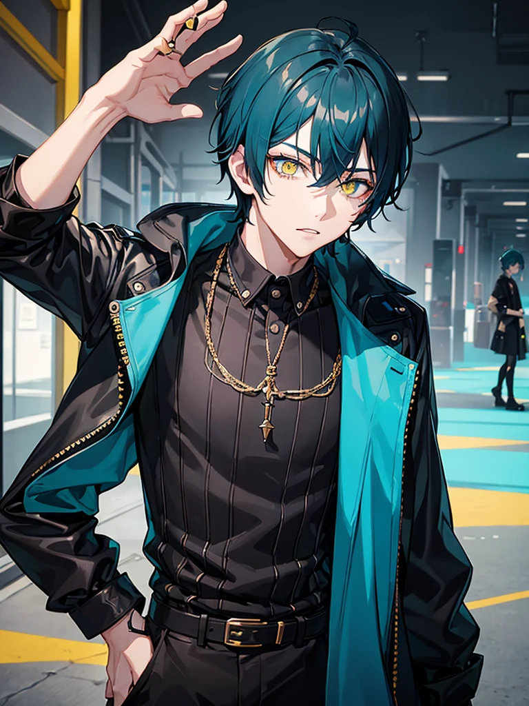 Boy (black and turquoise hair, short hair, yellow eyes, An ironic look, modern clothes, fashion clothes, a vampire)